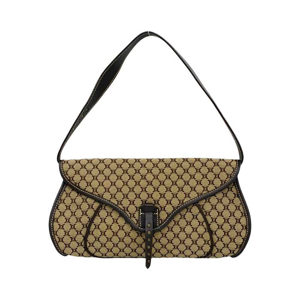 CELINE Vintage Macadam Blazon Pattern Canvas Leather Semi One-Shoulder Bag Br...